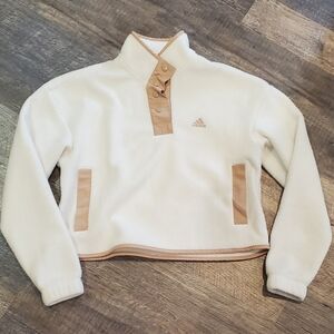 Adidas Fleece Crop Top 1/4 Snap White and Tan Size S